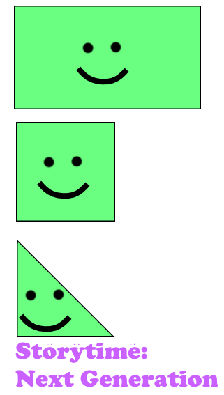 Shows green smiling shapes: rectangle, square, and triangle
