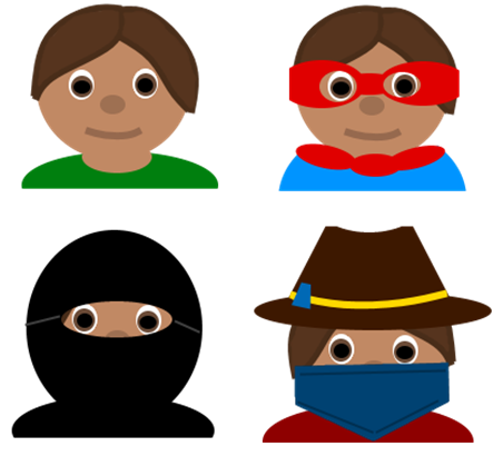 Illustrations of child in superhero, ninja, and cowboy/outlaw costumes